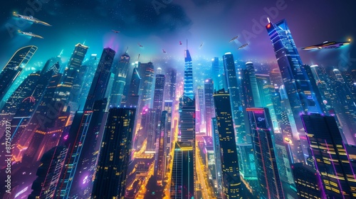 Abstract fictional cityscape futuristic urban architecture with lots of technology.