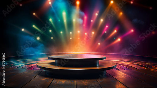 Dynamic stock image featuring a modern podium highlighted by a cascading rainbow effect in the background  designed to spotlight products with a playful and vibrant atmosphere