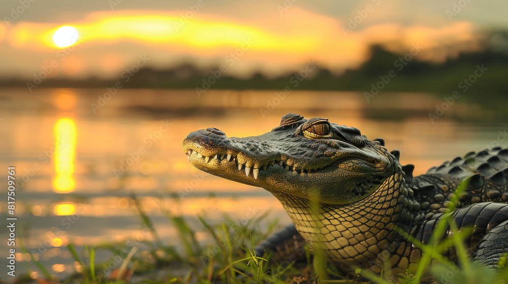 Fototapeta premium A close-up of an alligator with its detailed scales and teeth, basking in the warm sunset light by the water