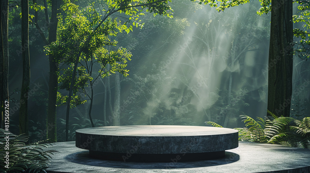 Professional stock photo of a sleek, minimalist product podium set in a mystical forest background, showcasing soft morning light filtering through dense trees, ideal for branding and product displays Professional stock photo of a sleek, minimalist product podium set in a mystical forest background, showcasing soft morning light filtering through dense trees, ideal for branding and product displays