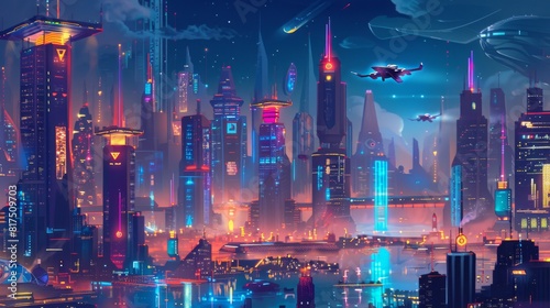 Abstract fictional cityscape futuristic urban architecture with lots of technology.