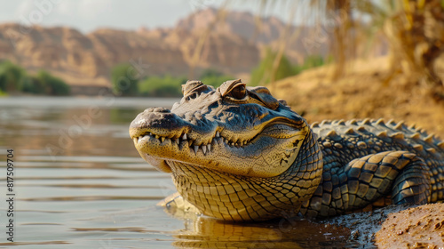 A compelling image displaying a crocodile with its open jaws, amid golden-hour light by the river, evoking a mix of awe and trepidation