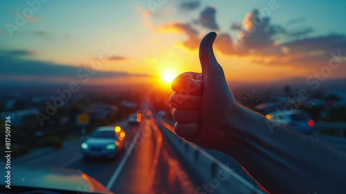 A hand giving a thumbs up out of a car window on a city street at sunset photo