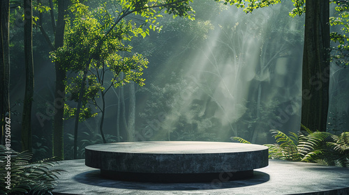 Professional stock photo of a sleek, minimalist product podium set in a mystical forest background, showcasing soft morning light filtering through dense trees, ideal for branding and product displays