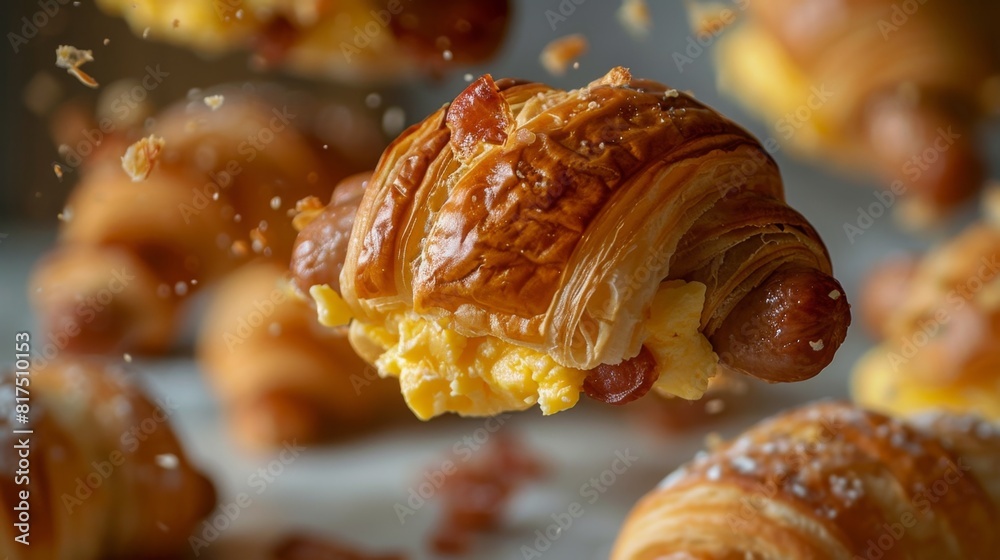 a croissant with eggs and bacon inside being pulled up from the surface a croissant with eggs and bacon inside being pulled up from the surface