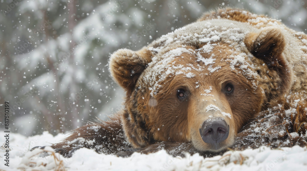 Fototapeta premium A brown bear lies in the snow, its fur dusted with flakes, eyes meeting the camera