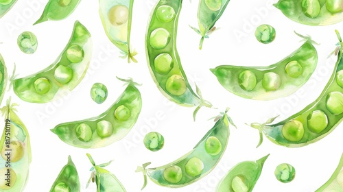 A watercolor illustration of multiple green peas arranged in a pattern on a white background