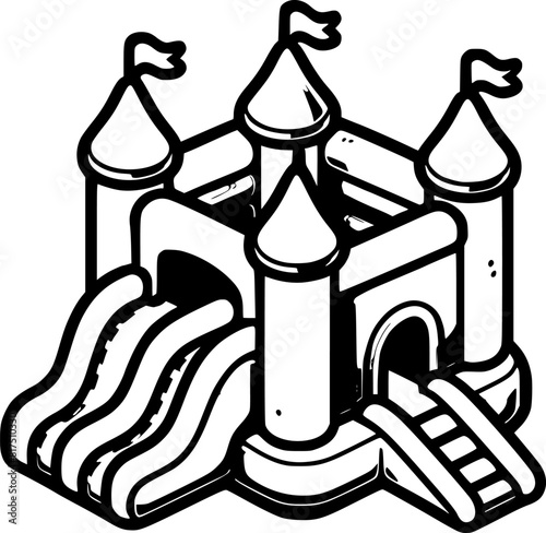 Inflatable children trampoline park in form of medieval castle in monochrome. Bouncy castle for kids. Simple minimalistic vector in black ink drawing on transparent background