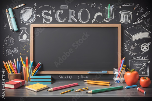 School chalkboard. Sketchy background with hand-drawn school supplies. Education concept design.