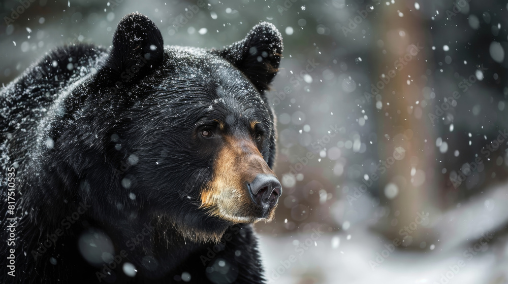 Close-up of a black bear's face with a focused gaze, snowflakes gently falling around it in a wintry scene Close-up of a black bear's face with a focused gaze, snowflakes gently falling around it in a wintry scene