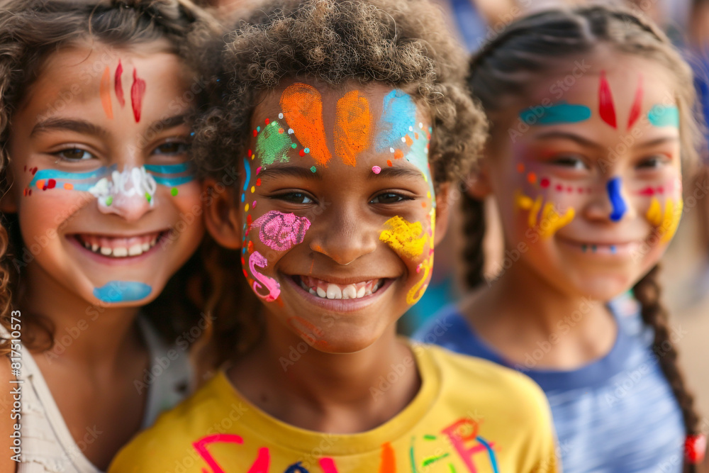 Portrait of mixed-race kids with painted faces, smiling for Memorial Day celebration. Portrait of mixed-race kids with painted faces, smiling for Memorial Day celebration.