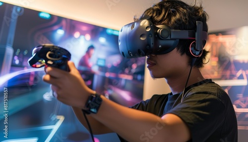 Young man using virtual reality headset and hand controllers. photo