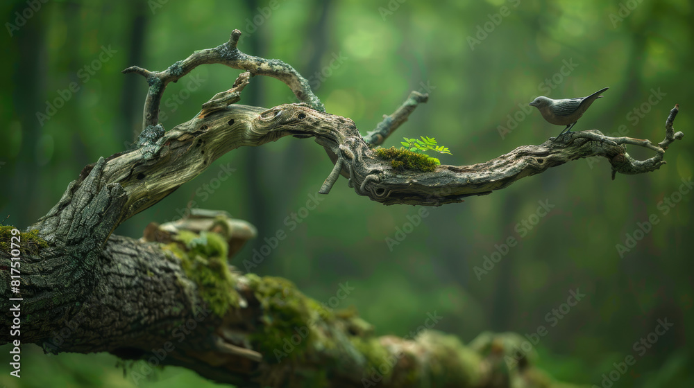 A serene bird perched on a moss-covered branch in a lush forest setting A serene bird perched on a moss-covered branch in a lush forest setting