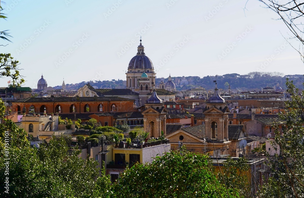 Fototapeta premium View of Rome from the Villa Borghese hill. The dome is the San Carlo al Corso church