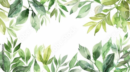 Watercolor illustration of green leaves and branches forming a pattern on a white background  copy space