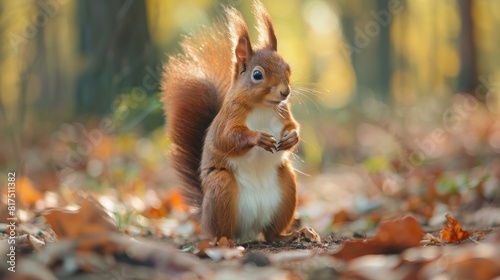 Cute red squirrel standing on forest background.