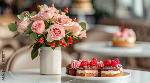 Abeautiful bouquet of roses in a cafe near a delicious dessert and cakes. © kardaska