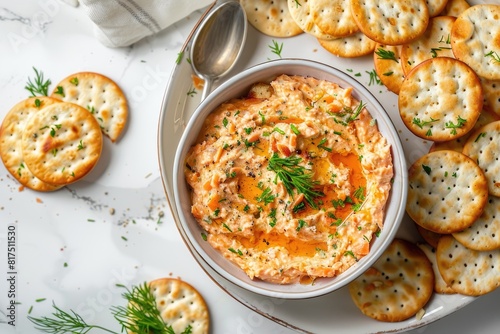 Smoked salmon dip in bowl, on platter with crackers © kardaska