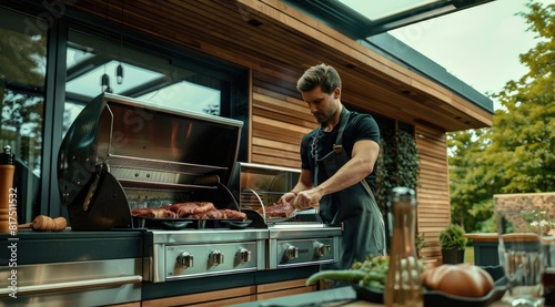 Male in an outdoor kitchen with a grill. Grilling steaks.
