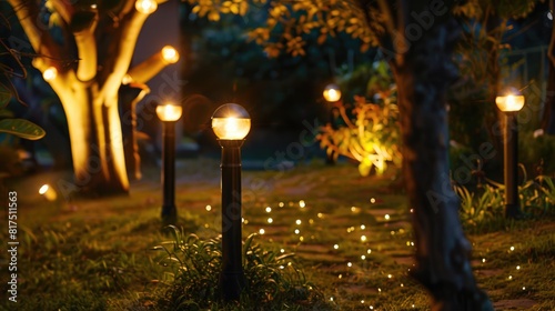 Light posts illuminated backyard garden during night hours. Modern backyard outdoor lighting systems. © kardaska