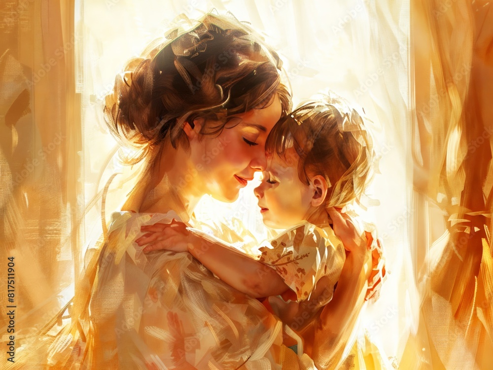 A mother hugs her baby. Portrait style with oil paints. Copy space. Abstraction. Family concept. Mother's Day. A mother hugs her baby. Portrait style with oil paints. Copy space. Abstraction. Family concept. Mother's Day.