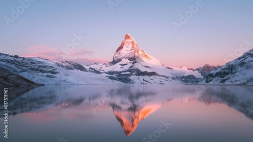 The iconic peak of the Matterhorn mountain in Switzerland. The reflection in the lake is clear and symmetrical. A beautiful sunrise light shines on the top part of it. It s snowing at the bottom.