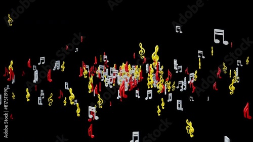 Concept of flowing music tracks with symphony of rhythm and melodies simulating floating musical notes isolated in transparent background with alpha channel