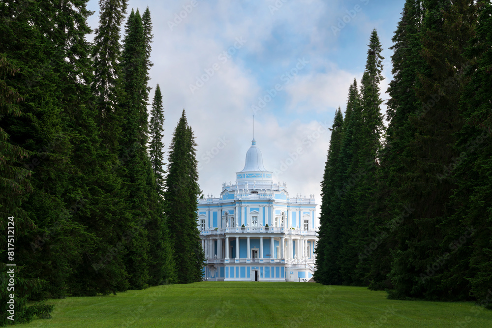 The Sliding Hill Pavilion from the Maslenichny Meadow in the upper park of the Oranienbaum Palace and Park Ensemble on a sunny summer day, Lomonosov, Saint Petersburg, Russia