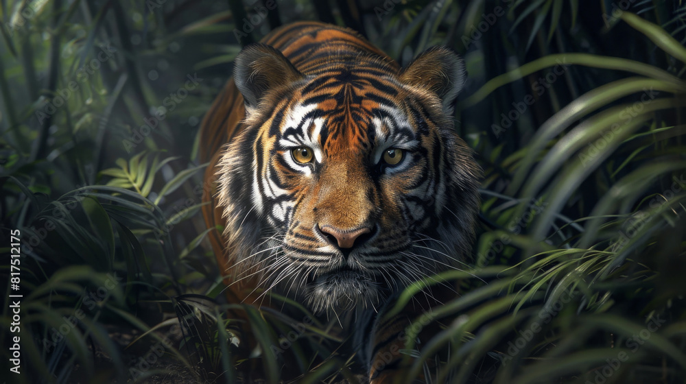A tiger peers through the dense foliage with an intense gaze, artfully highlighting its predator instincts A tiger peers through the dense foliage with an intense gaze, artfully highlighting its predator instincts