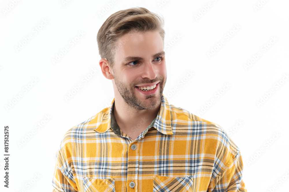 Male casual style. Face portrait. Caucasian casual guy. Man in checkered shirt isolated on white. Stylish man with stylish hairstyle. Trendy male fashion style. Skincare for men Male casual style. Face portrait. Caucasian casual guy. Man in checkered shirt isolated on white. Stylish man with stylish hairstyle. Trendy male fashion style. Skincare for men