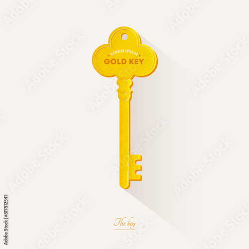 Retro gold key. Closing and opening doors. Locking, unlocking. Cute vintage hotel flower design key. Cartoon antique graphic clipart. White isolated background. Modern flat style vector illustration. © DDDART