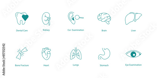 Detailed Organ Health Examination and Dental Care Vector Icon Collection