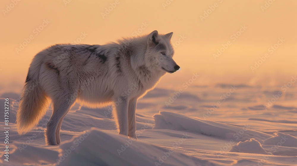 Fototapeta premium This image captures the essence of isolation as a lone wolf stands amidst a vast, open snowy landscape during sunset