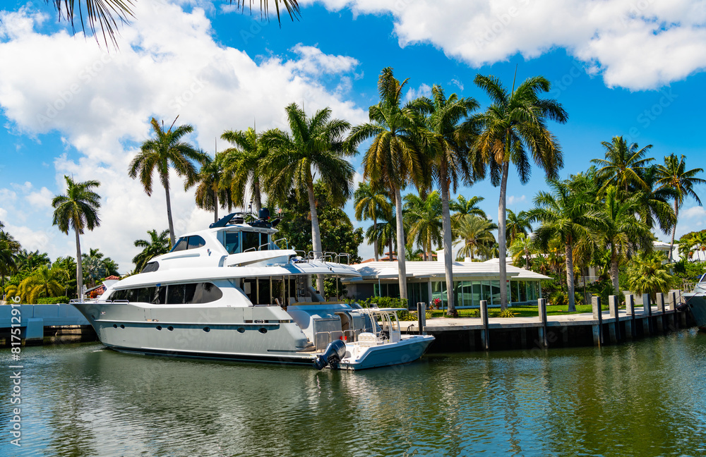 Fototapeta premium Seaside summer destination with boat and palm in harbor. Seaside harbor perfect destination for summer. Destination point. Harbor with yacht at seaside summer destination. Luxury life