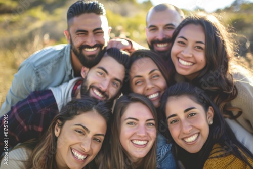 Group of friends having fun together in the park. They are smiling and having fun.