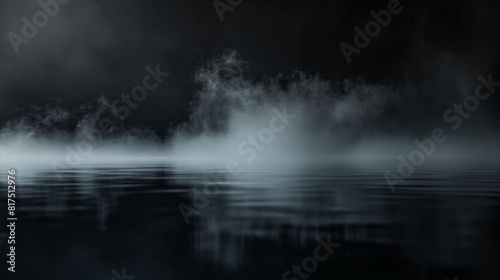 A mysterious dark fog drifting slowly across a black reflective surface, creating a sense of depth and movement in the darkness. 32k, full ultra HD, high resolution