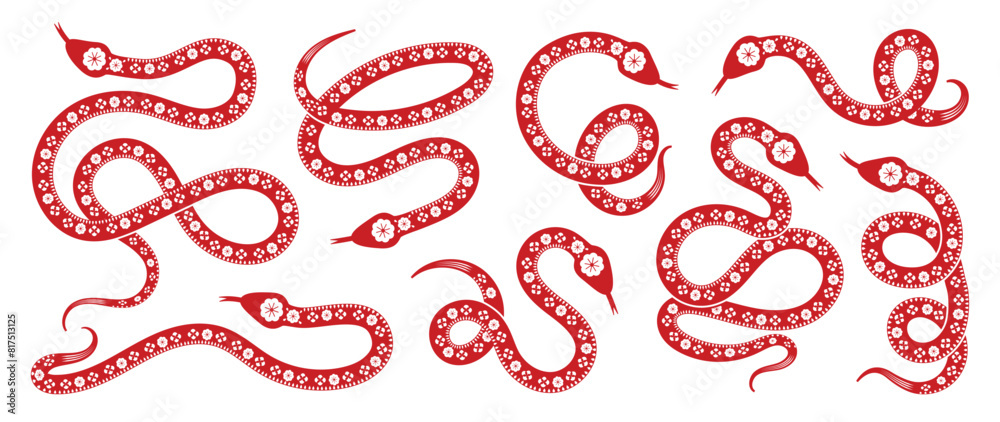 Chinese New Year snake design vector set. Element zodiac sign year of the snake with cherry blossom flower pattern on snake red color. Illustration design of background, card, sticker, calendar. Chinese New Year snake design vector set. Element zodiac sign year of the snake with cherry blossom flower pattern on snake red color. Illustration design of background, card, sticker, calendar.