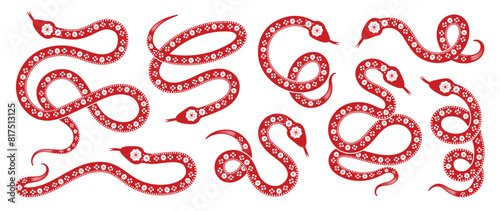 Chinese New Year snake design vector set. Element zodiac sign year of the snake with cherry blossom flower pattern on snake red color. Illustration design of background, card, sticker, calendar.