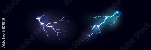 Set of the isolated realistic lightnings with transparency for design. Thunder-storm and lightnings. Magic and bright lighting effects. Natural effects