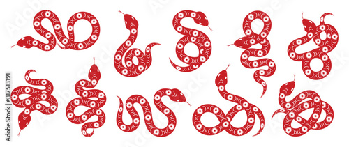 Chinese New Year snake design vector set. Element zodiac sign year of the snake with cherry blossom flower pattern on snake red color. Illustration design of background, card, sticker, calendar.