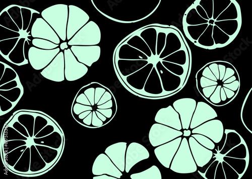 Stylized illustration of citrus fruit slices in white on a bold, bright red background, featuring varying sizes and shapes scattered across the image.