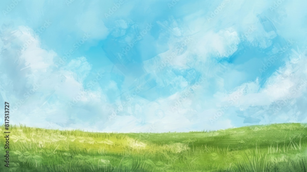 A watercolor illustration of a green field under a blue sky with fluffy white clouds, copy space A watercolor illustration of a green field under a blue sky with fluffy white clouds, copy space