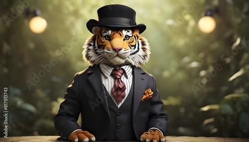 In a whimsical setting, a Cartoon cute tiger dons a dapper suit, complete with a bowler hat perched jauntily atop its head.
 photo