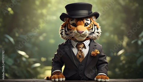 In a whimsical setting, a Cartoon cute tiger dons a dapper suit, complete with a bowler hat perched jauntily atop its head.
 photo