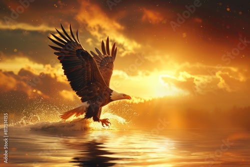An eagle flies over the water at sunset. AIG51A. © Summit Art Creations