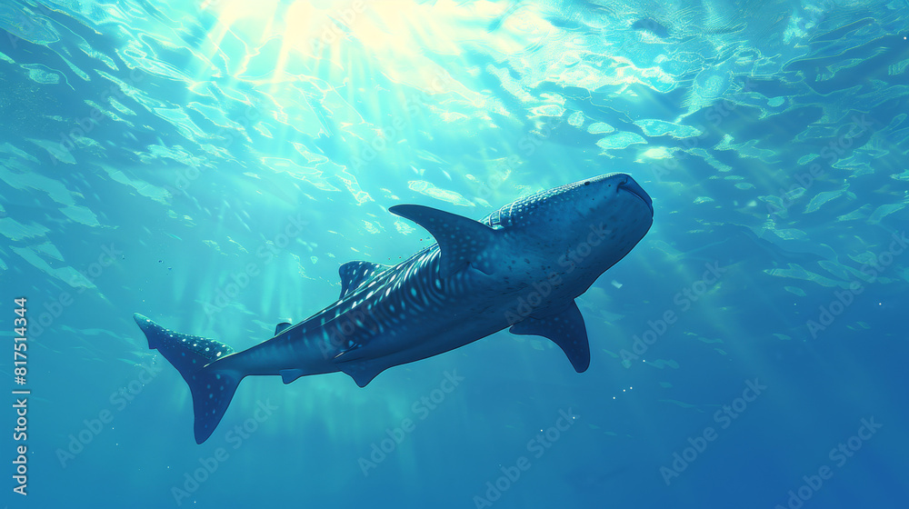 Fototapeta premium Solitary whale shark swimming in blue water with sunbeams illuminating the scene