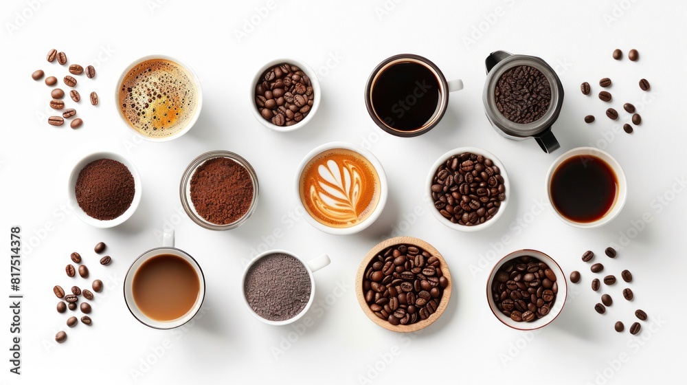 Aerial view of various coffee. Coffee background. Aerial view of various coffee. Coffee background.