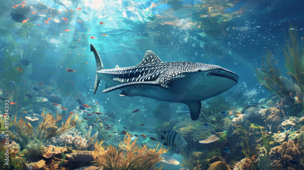 The image captures a whale shark surrounded by fish over a busy coral reef with a play of light and shadows The image captures a whale shark surrounded by fish over a busy coral reef with a play of light and shadows