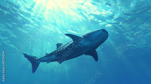 Solitary whale shark swimming in blue water with sunbeams illuminating the scene © Armin