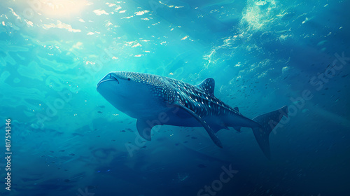 A whale shark with a speckled pattern swimming in a blue ocean with light rays